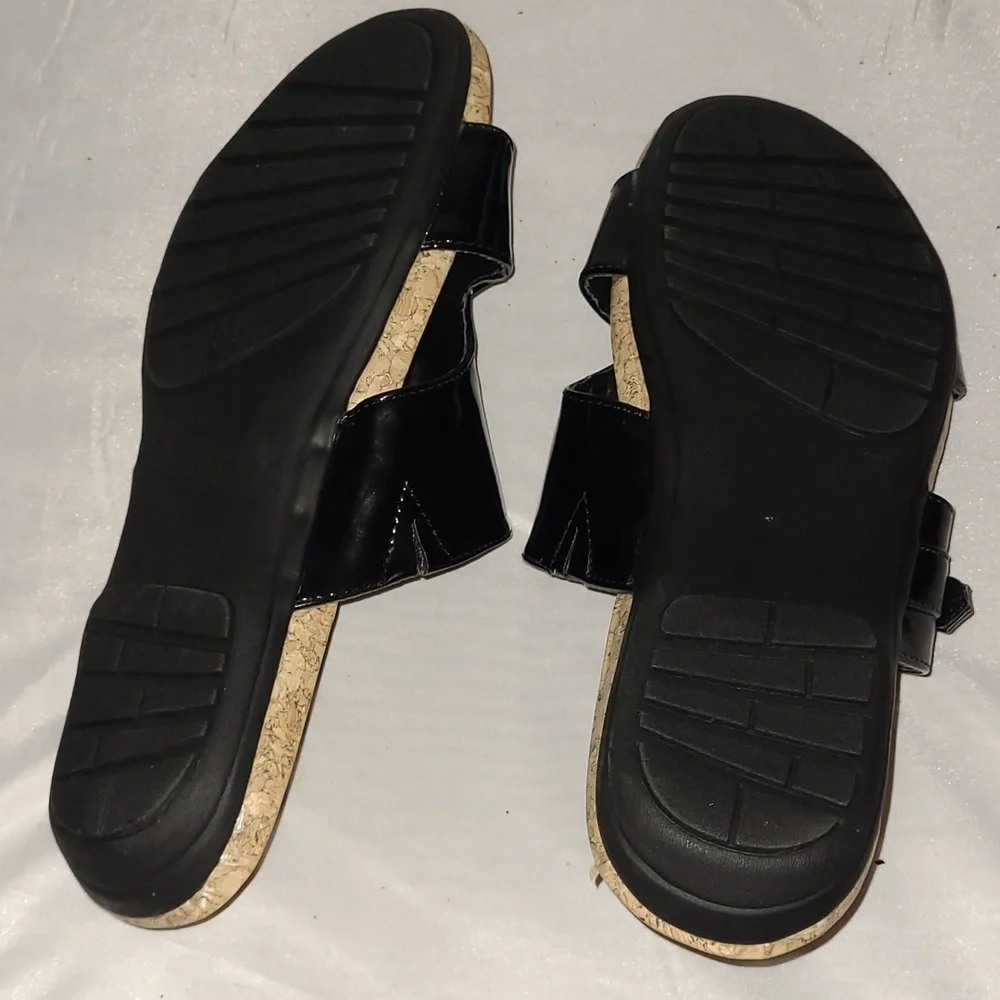 Sandals Shoes Slides Black Patent Vegan Leather brass buckle sz 10 W
